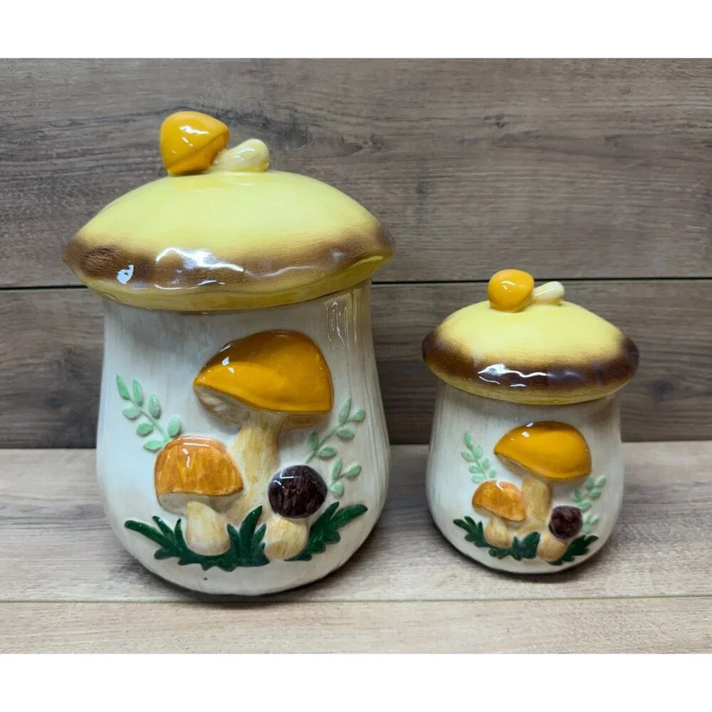 Vintage MCM Ceramic Mushroom Canister Set w/ Lids Retro 1970s Kitchen